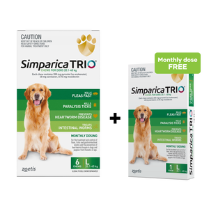 Simparica Trio 20.1-40kg Dog Flea Tick & Worm Chew 6PK + Free 1PK