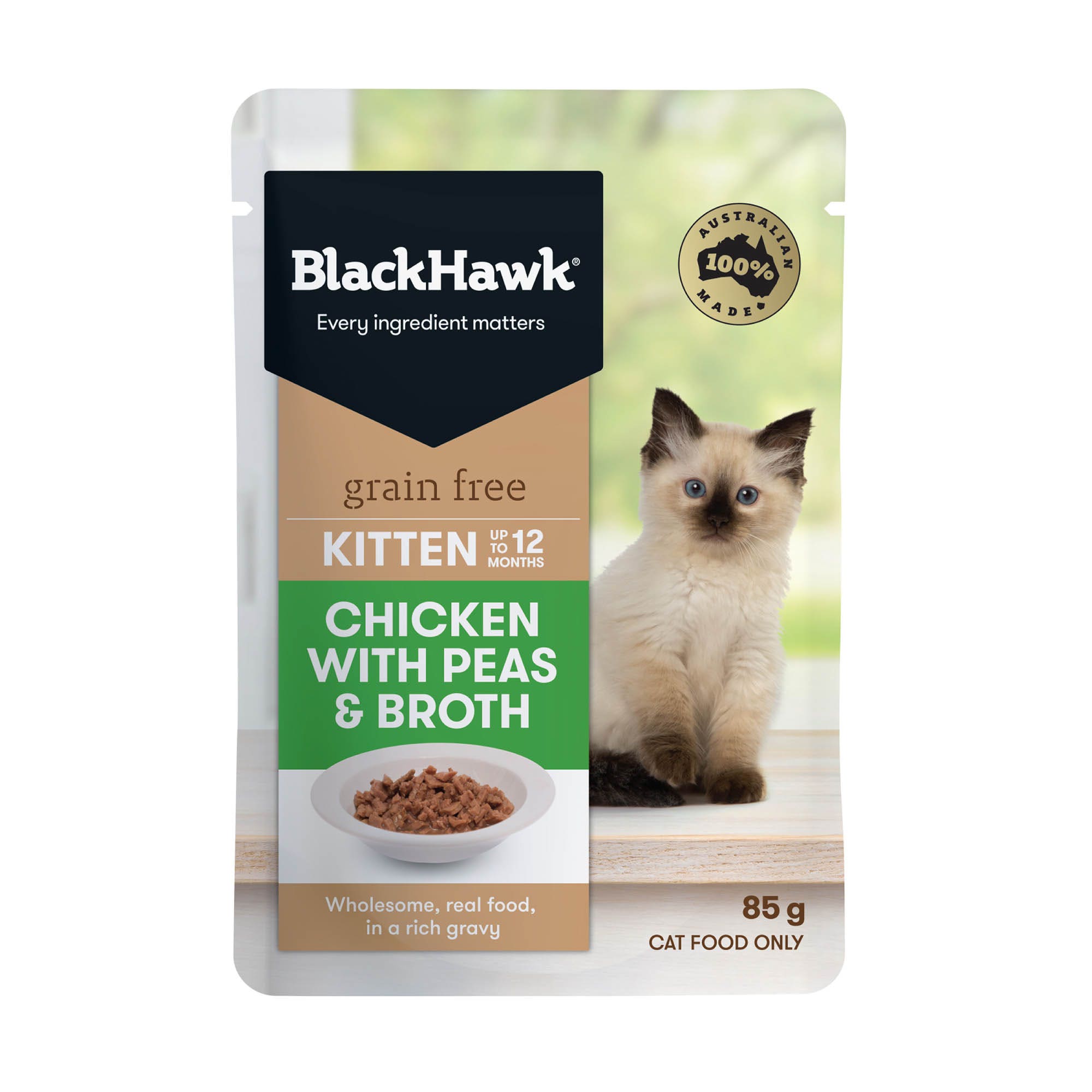 Black Hawk Grain Free Chck Pea Brth Kitten Food Pouch 85gx48 Petbarn