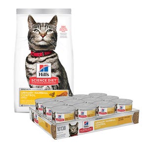 Hill's Science Diet Urinary Hairball Dry Cat Food 7.03kg & Urn Hball Wet Cat Food 82g x 24