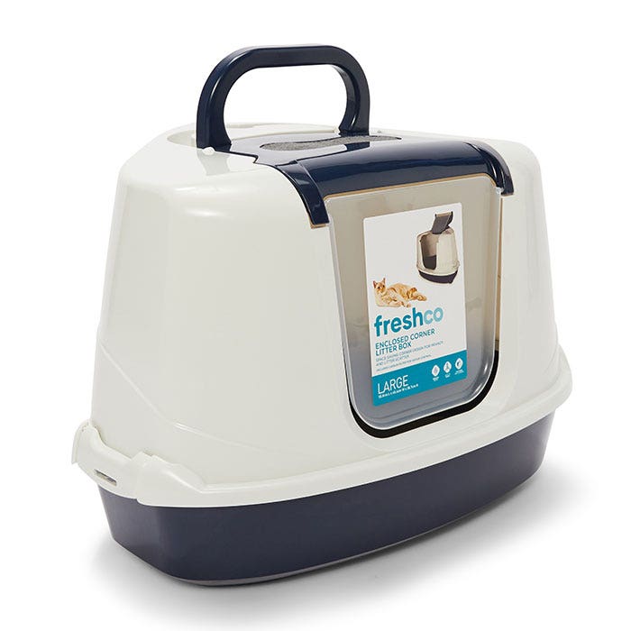 Corner hooded top litter box